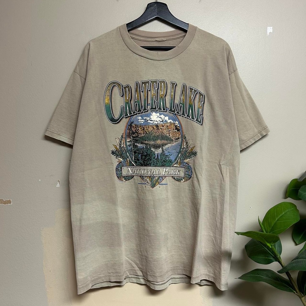 Vintage 90s Crater Lake National Park Faded Tan Nature Shirt Mens XL Oregon